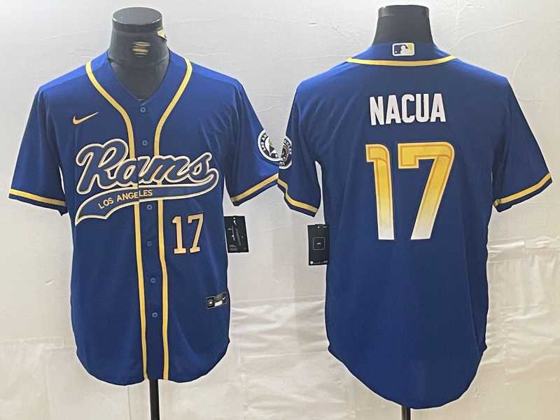 Mens Los Angeles Rams #17 Puka Nacua Number Royal With Patch Cool Base Stitched Baseball Jersey